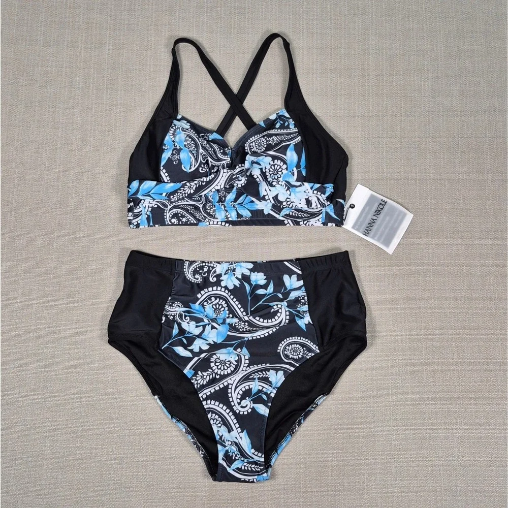 Hanna Nikole Womens Bikini Set Blue Paisley High Waisted Tummy Control New‎ M